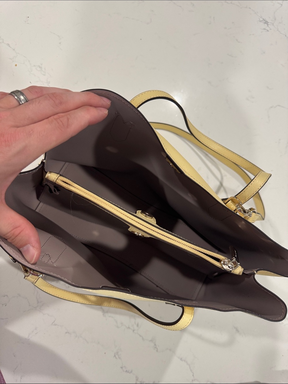 kate spade Cream Leather Tote with Top Handles. Color is butter. - Picture 4 of 5